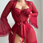 Lace One-Piece Sleepwear Flare Sleeve Sexy Belted Lingerie Set with Stockings for Women
