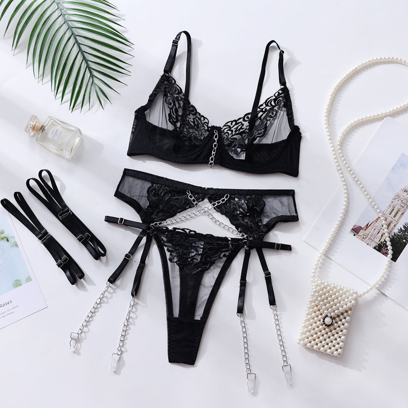 Dnika Lingerie Erotic Underwear  Metal Chain Embroidery Underwear Four-Piece Set Export