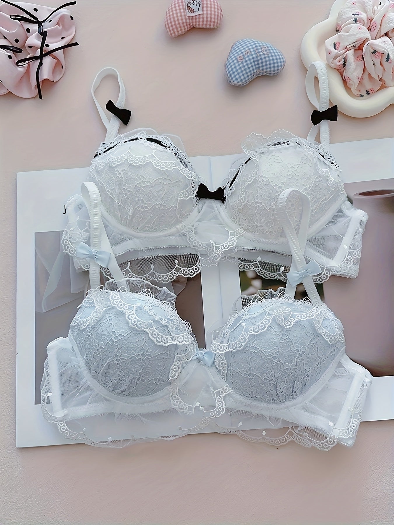 2pcs Pure Desire Contrast Lace Bow Bra for Women, Sexy Mesh Splicing Wire-Free Comfortable Soft Underwear, Bra And Panty Sets for Women, No Underwear Bra Clip Front, Seamless Bras, Sports Bras for Women Padded, Minimiser Bras