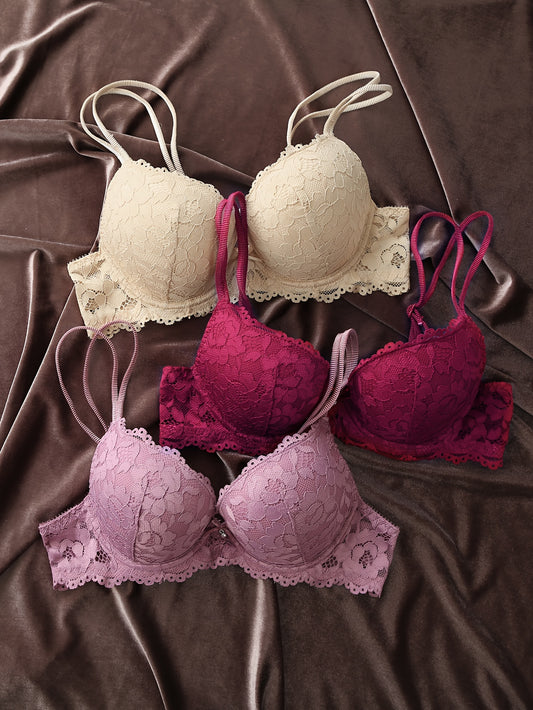 3pcs Contrast Lace Push Up Bras, Comfy & Breathable Intimates Bra, Women's Lingerie & Underwear