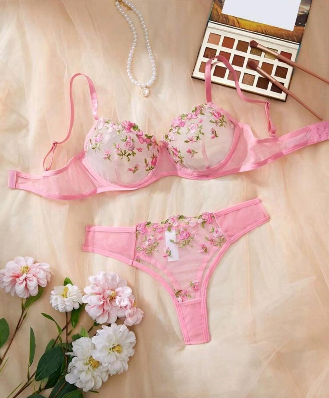 Women's Intimates Sweet and Sexy Low Waist Floral Embroidery Mesh Transparent Lingerie Two-Piece Set