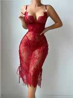 Lace Hollow-out Red Sexy Chest-exposing Bodycon Lingerie Dress