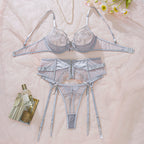 Embroidered mesh splicing sexy lingerie three piece set with steel ring