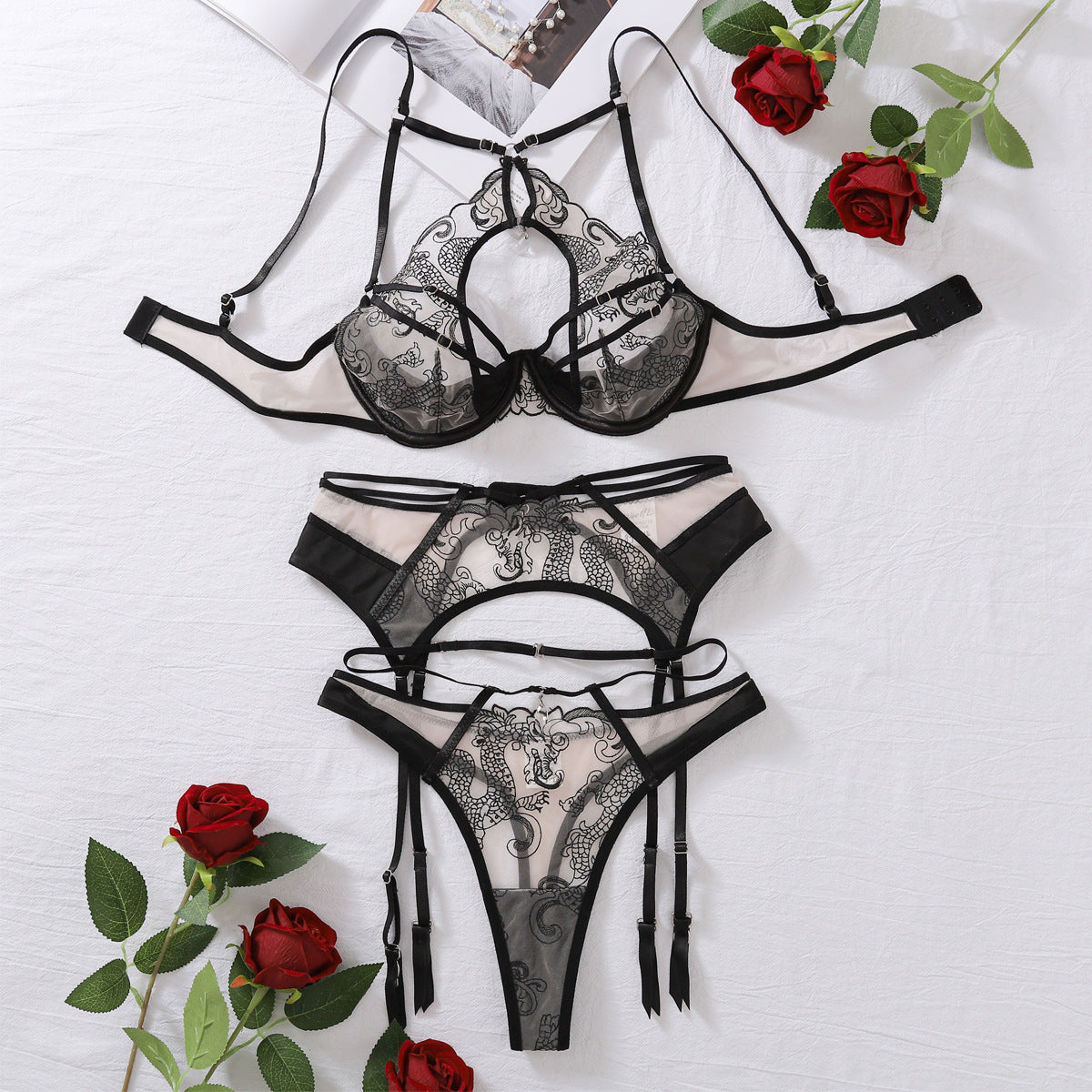 Embroidered splicing process steel ring gathering sexy lingerie three piece set