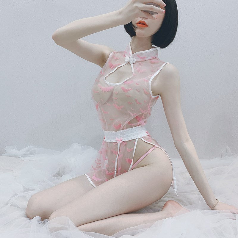 Sexy Cheongsam Hollow Peach Lace Cheongsam Sexy Lingerie Suit Uniform Temptation See-Through Short Yarn Pajamas