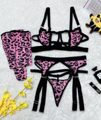 Wild Leopard Print Mesh Hollow-out Sexy Lingerie Four-piece Set with Thigh-high Socks