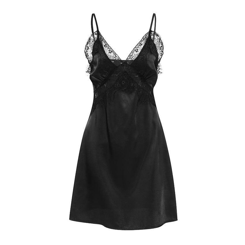 Sexy Black Satin Lingerie Strap Dress Lace V-neck Mini Dress Women's Clothing