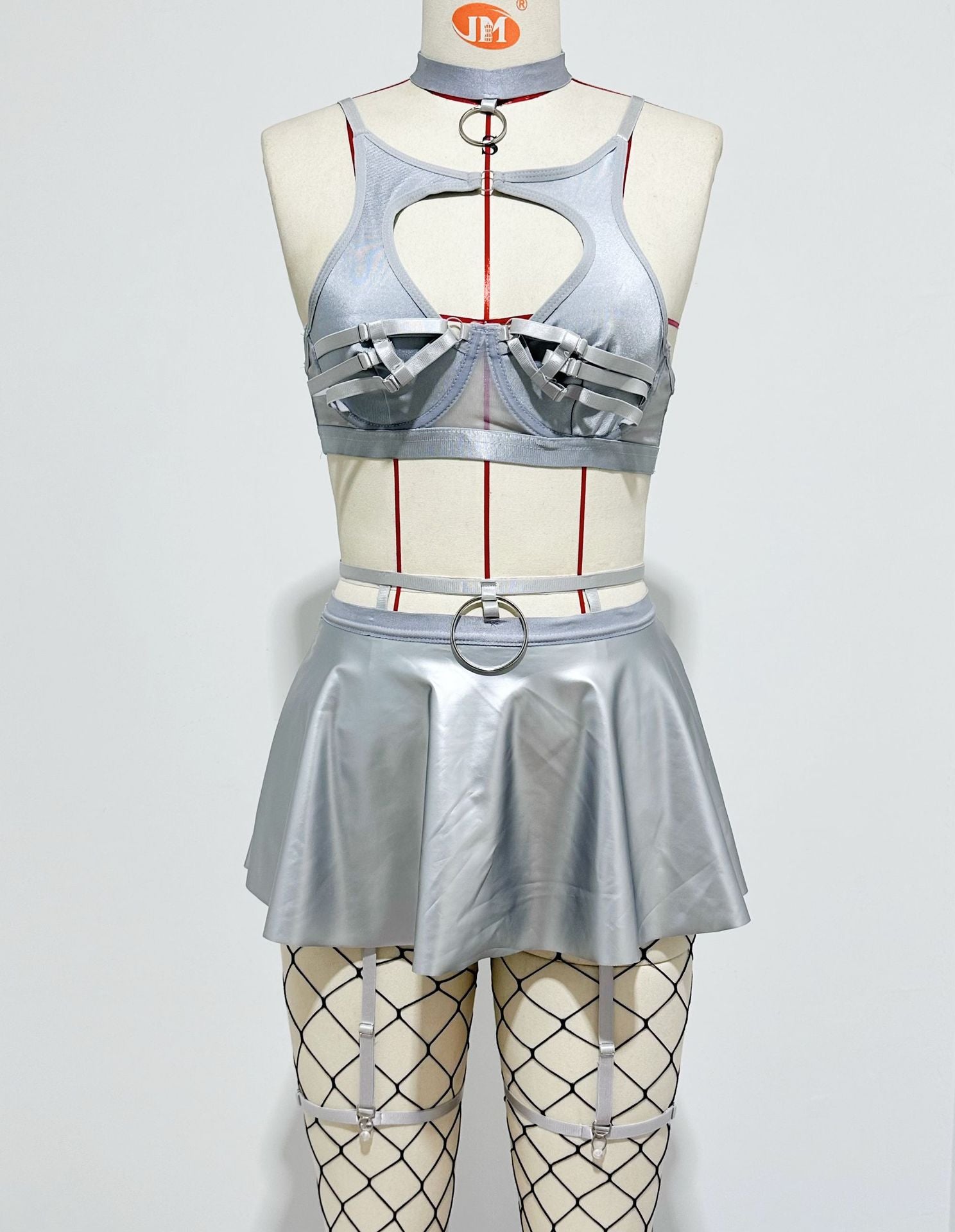 Lace Sexy Lingerie Set Bra Set Solid Color Leather Skirt with Fishnet Stockings Women's