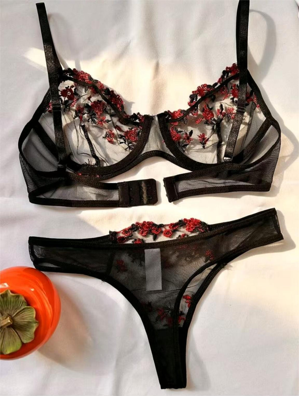 Women's Intimates Sweet and Sexy Low Waist Floral Embroidery Mesh Transparent Lingerie Two-Piece Set