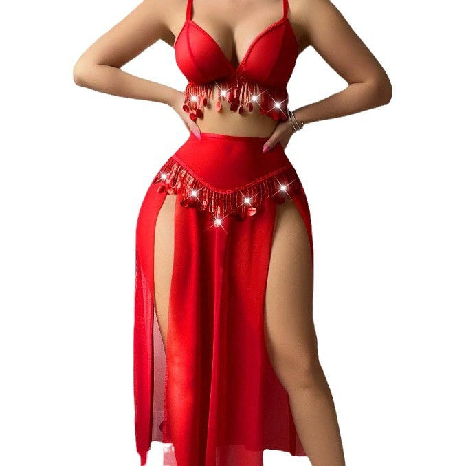 Hollow metal chain red sexy lingerie set for women