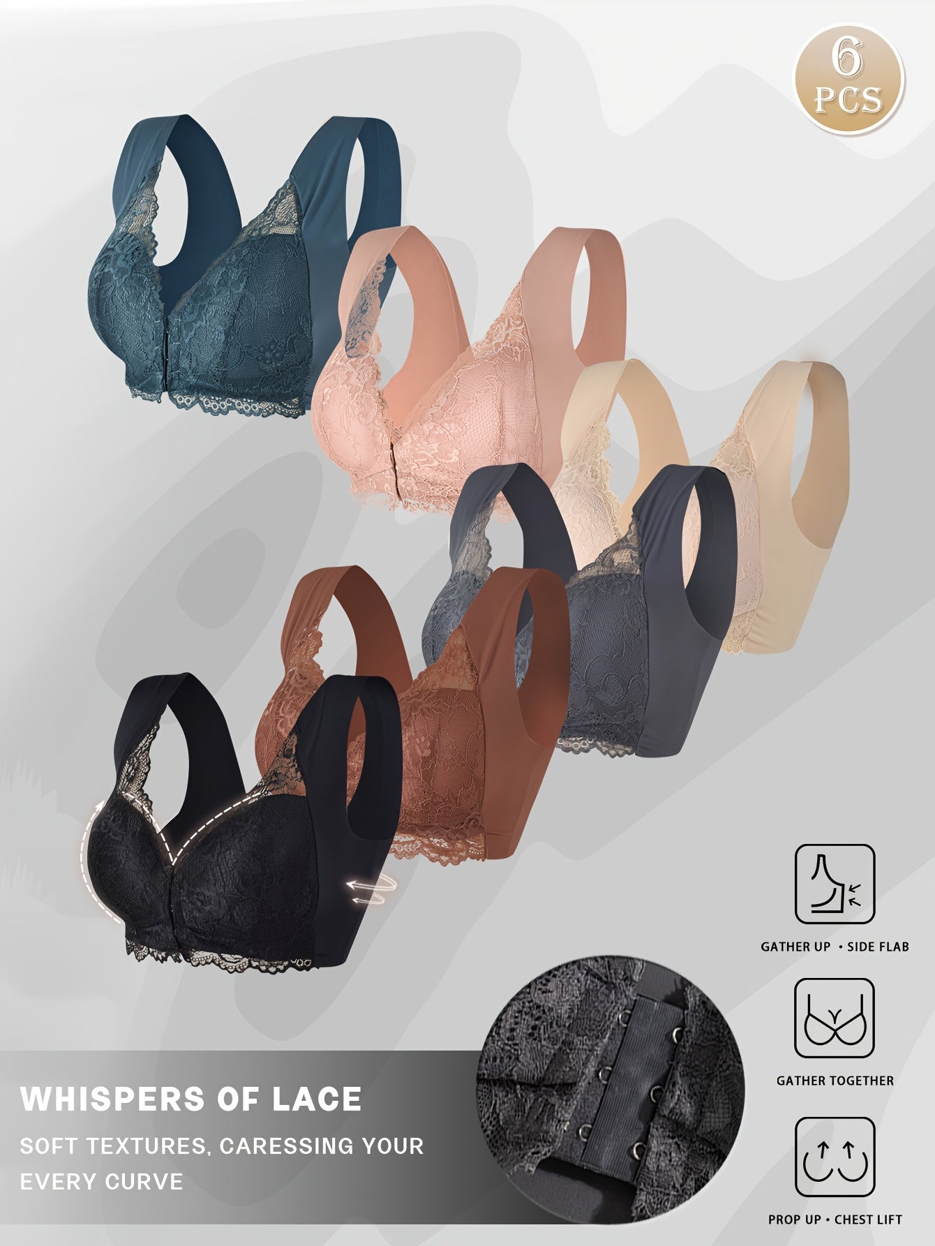 6pcs Of Women's Lace-trimmed, Wire-free Front-clasp Bras - Comfortable, Seamless Casual Attire, Soft And Breathable Fabrics for Sexy And Elegant Lingerie, Bra And Panty Sets for Women, Under Wire Bras for Women Push Up Heavy