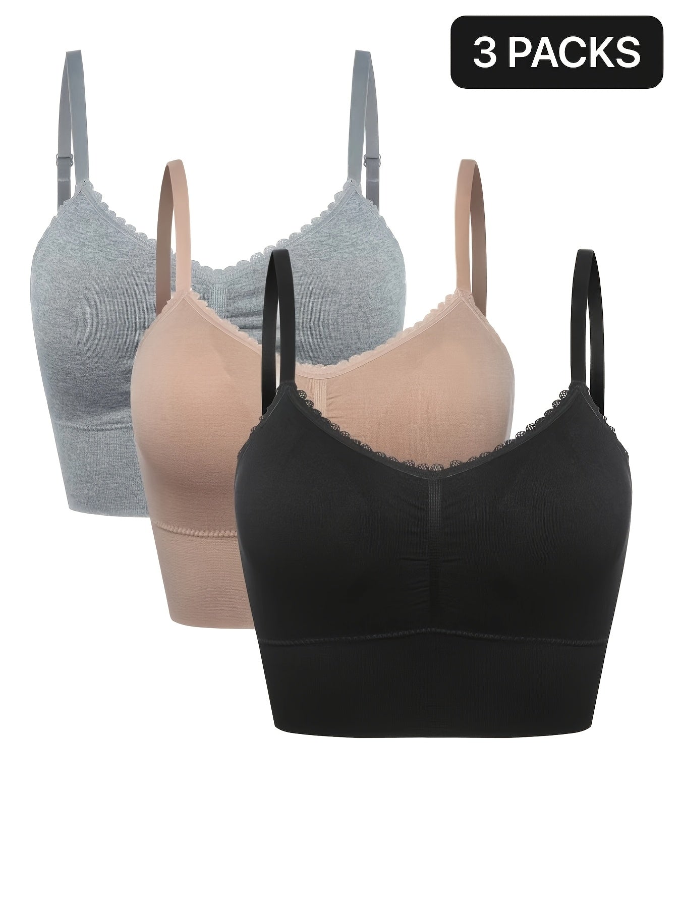 3pcs Women's Plus Size Seamless High-Elasticity Bras - Wire-Free Comfort with Removable Pads & Lace Trim, Soft Stretch Fabric for Casual Attire (Light Pink, Black, Grey), Comfortable Undergarments, Elegant Bra Design, Smooth