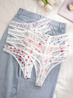 [Floral Print Undergarments] 7-Pack Women's Floral Print undergarments - Soft Semi-Sheer Everyday & Special Occasion Panties, Triangle Cut with Floral Pattern in Pink/Red/White/, Elegant Ladies Underwear for Bras & Outfits, F