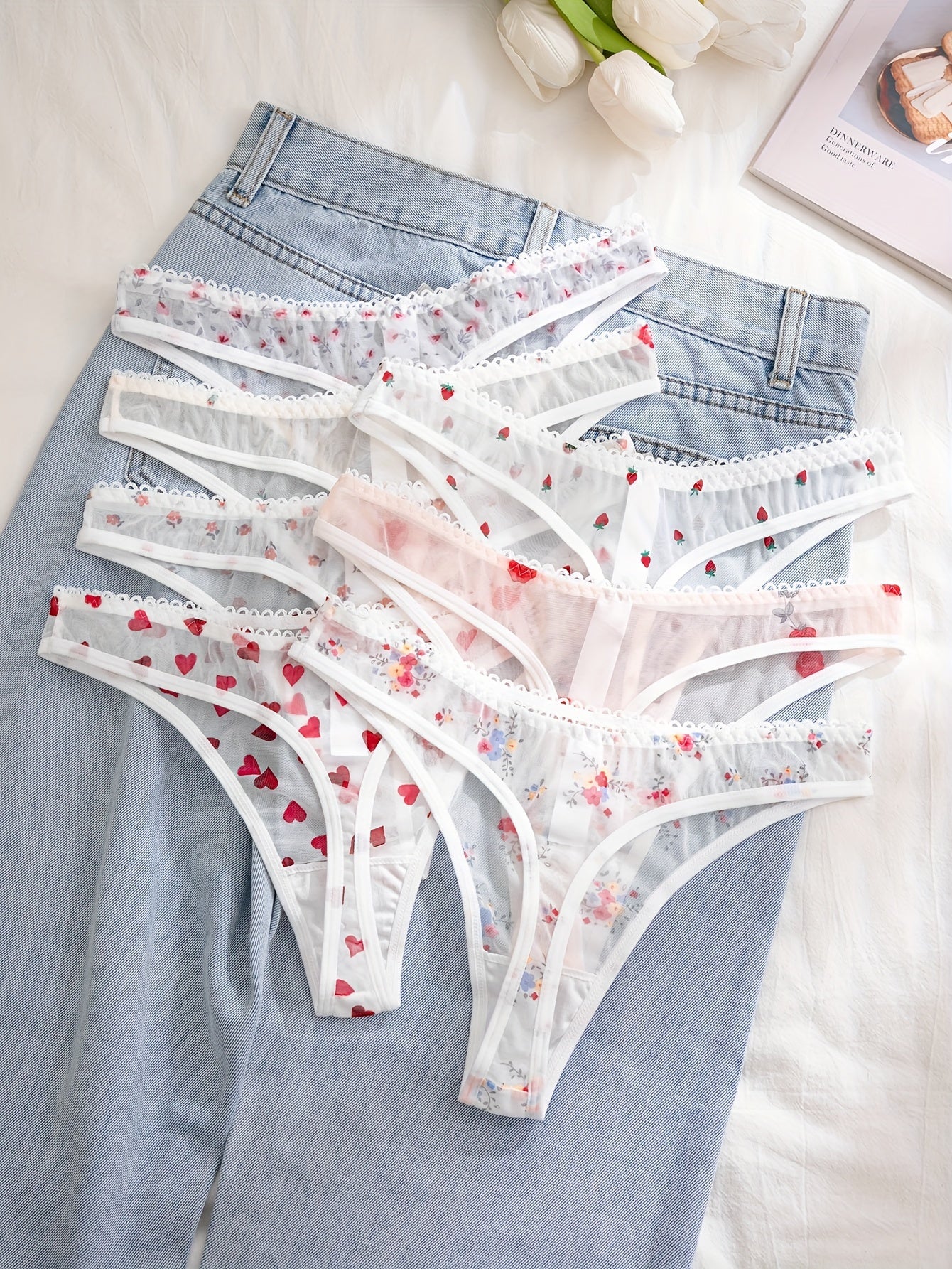 [Floral Print Undergarments] 7-Pack Women's Floral Print undergarments - Soft Semi-Sheer Everyday & Special Occasion Panties, Triangle Cut with Floral Pattern in Pink/Red/White/, Elegant Ladies Underwear for Bras & Outfits, F