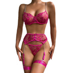 Lace Embroidery Chain Suspenders Hollow Cross Sexy Lingerie Four-Piece Set