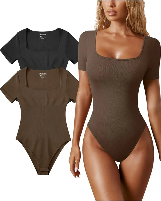 Women's Bodysuits Sexy Ribbed One Piece Square Neck Short Sleeve Bodysuits sexy bodysuit lingerie bodysuit