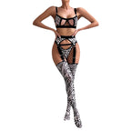 Wild Leopard Print Mesh Hollow-out Sexy Lingerie Four-piece Set with Thigh-high Socks
