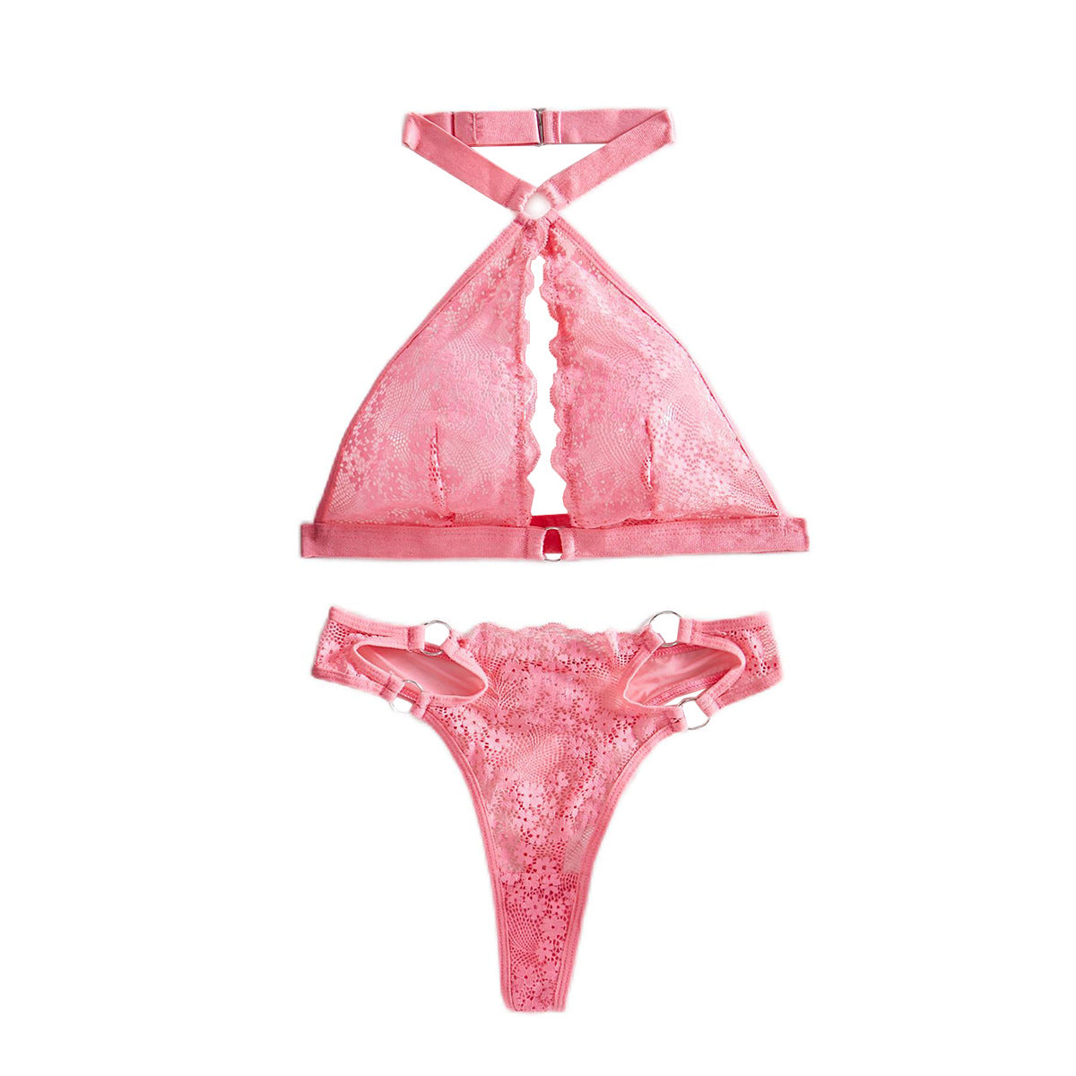 Backless sexy bra with floral lace hanging neck triangular cup sexy lingerie two-piece set for women