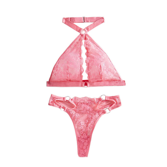 Backless sexy bra with floral lace hanging neck triangular cup sexy lingerie two-piece set for women