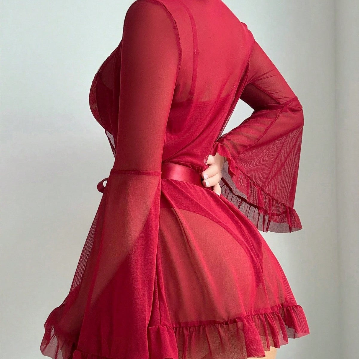 Lace One-Piece Sleepwear Flare Sleeve Sexy Belted Lingerie Set with Stockings for Women