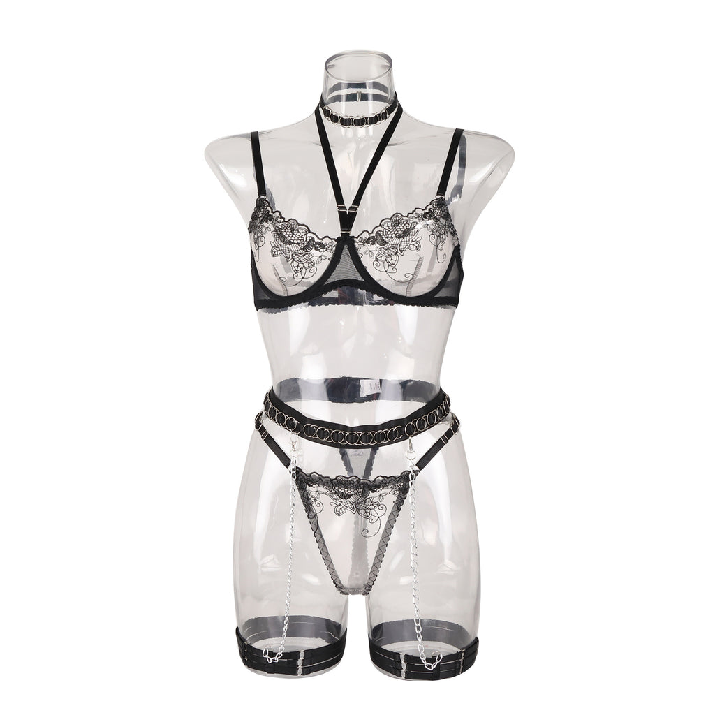 Lace hollow splicing perspective metal chain hanging neck sexy lingerie