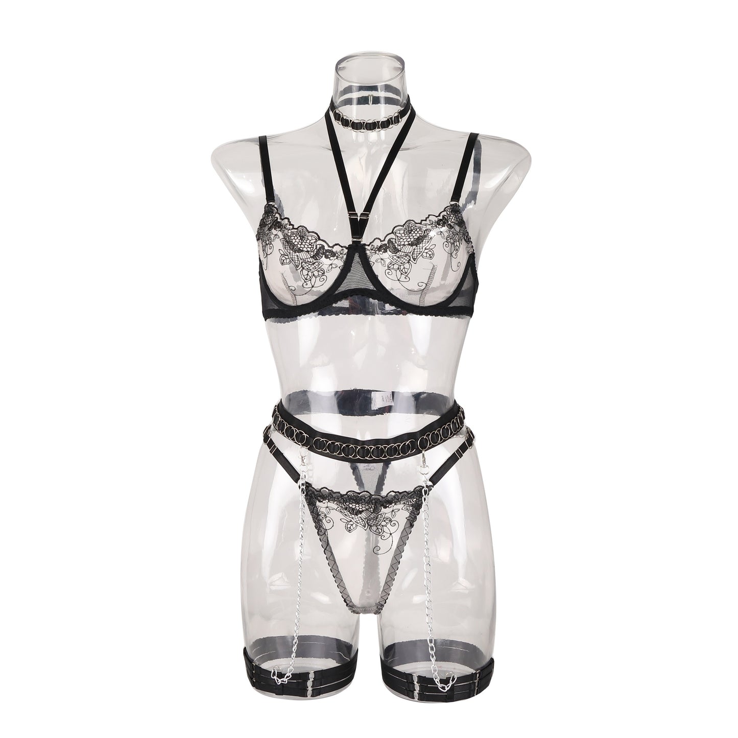 Lace hollow splicing perspective metal chain hanging neck sexy lingerie