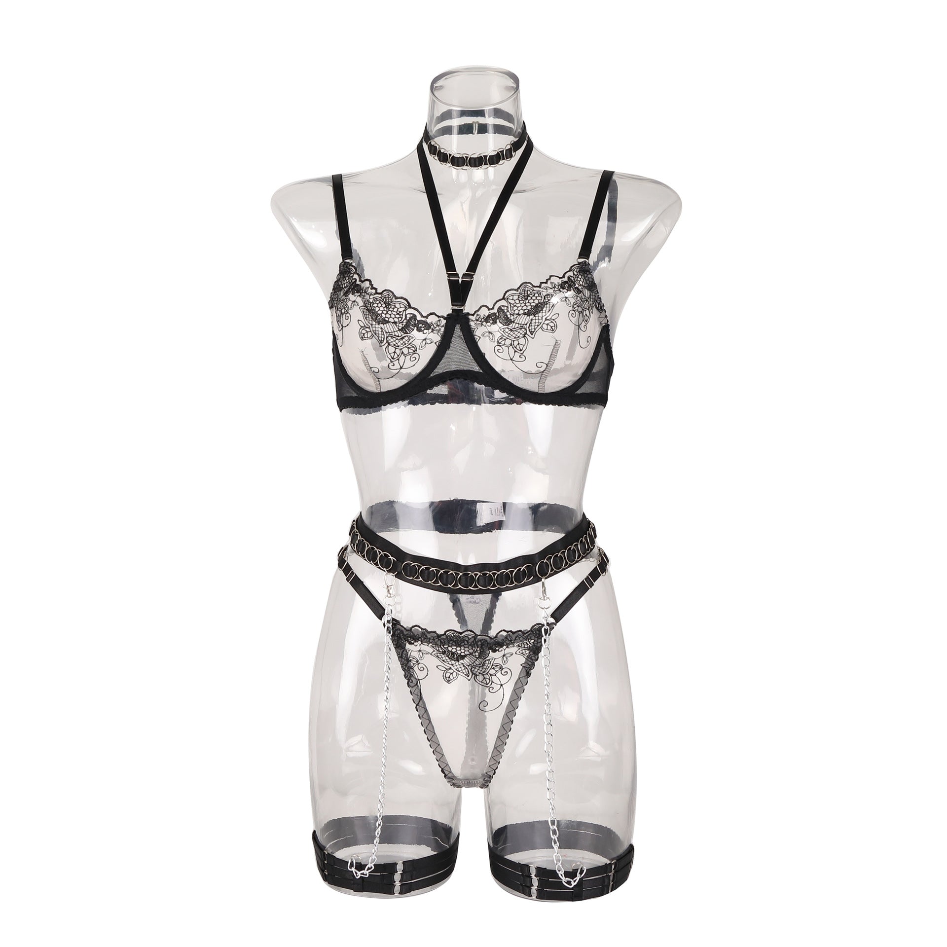 Lace hollow splicing perspective metal chain hanging neck sexy lingerie