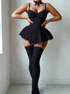 Retro Pure Temptation Sexy Deep V-Neck Lace Trim One-Piece Dress Lingerie