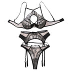 Embroidered splicing process steel ring gathering sexy lingerie three piece set