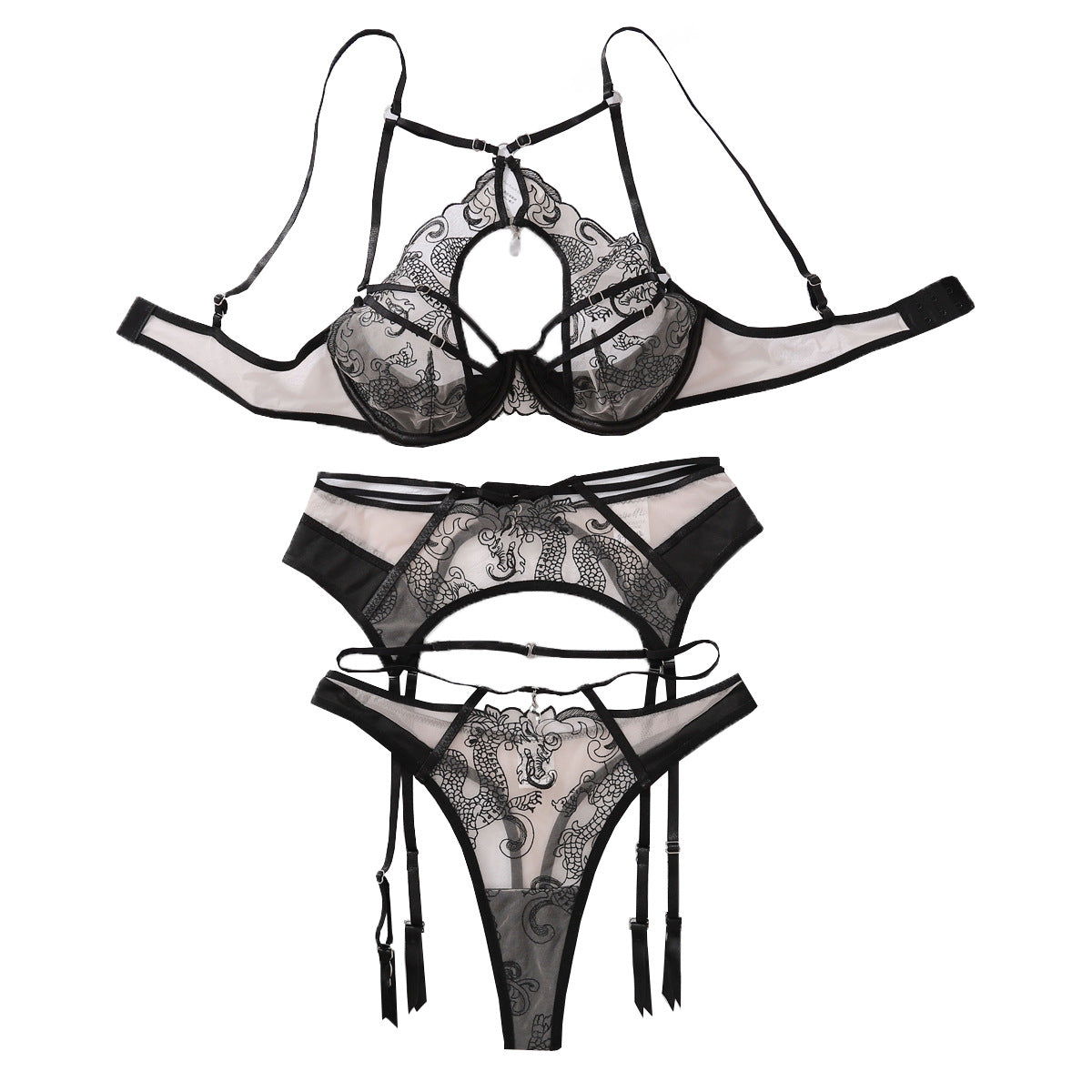 Embroidered splicing process steel ring gathering sexy lingerie three piece set