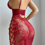 Lace Hollow-out Red Sexy Chest-exposing Bodycon Lingerie Dress
