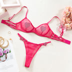 Sexy Sheer Mesh Heart Rhinestone Bra and Garter Belt Lingerie Set