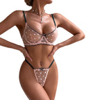 Women's Sexy Bra Set Playing Card Pattern Embroidery Transparent Lace Underwire Push-Up Lingerie Set