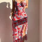 Mesh floral camisole dress sleepwear erotic lingerie sexy women's set