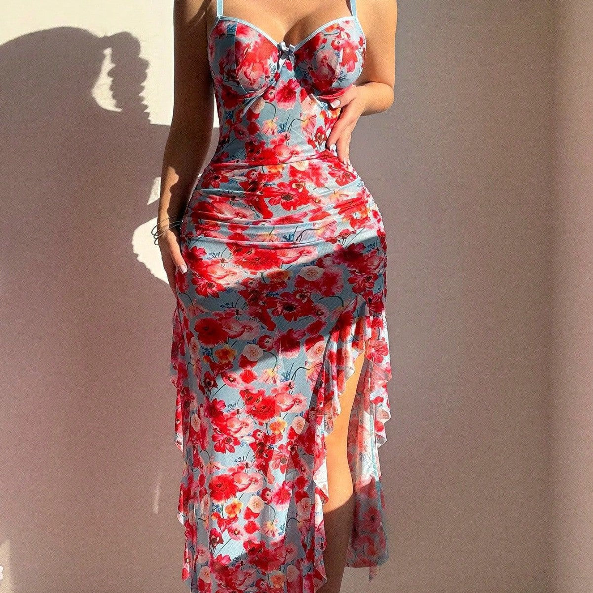 Mesh floral camisole dress sleepwear erotic lingerie sexy women's set