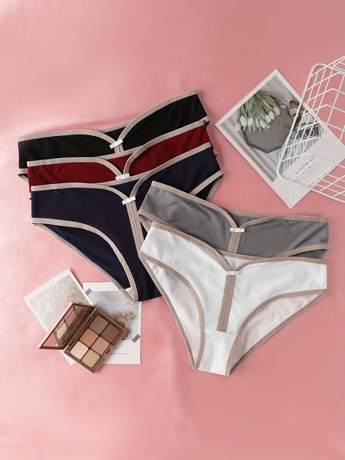 5-Pack Elegant Women'S Panties, Breathable Knit Polyester Fabric, Solid Color Underwear with Stretch, 90% Polyester 10% Elastane