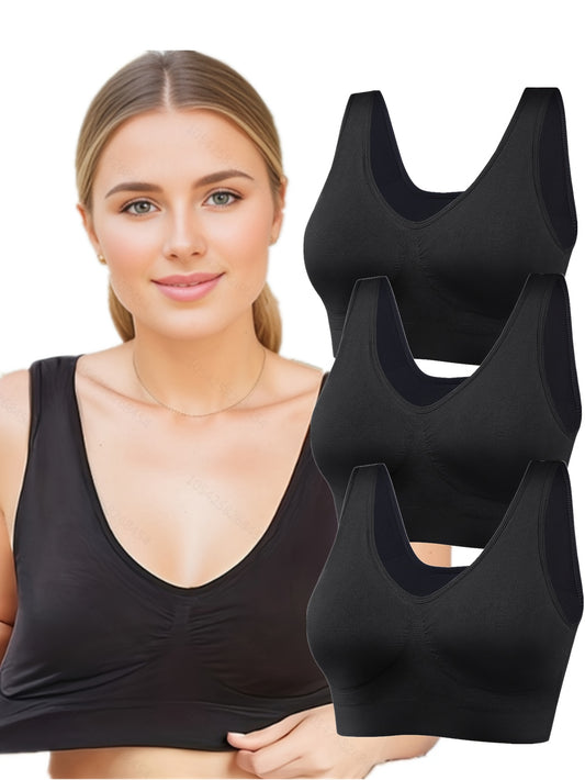 3pcs Women's Sports Bras Set, Plus Size Solid Seamless Non Padded Wireless versatile Running Bralette
