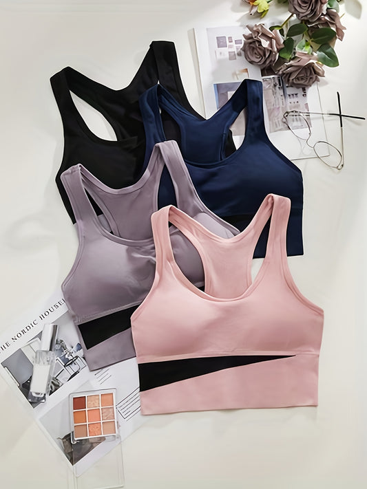 4-Pack Ultra-Comfortable Color Block Sports Bras - Wireless, Removable Padded, Breathable, Stretchy, and Moisture-Wicking Crop Tops for Women - Perfect for Gym, Fitness, and Everyday Wear