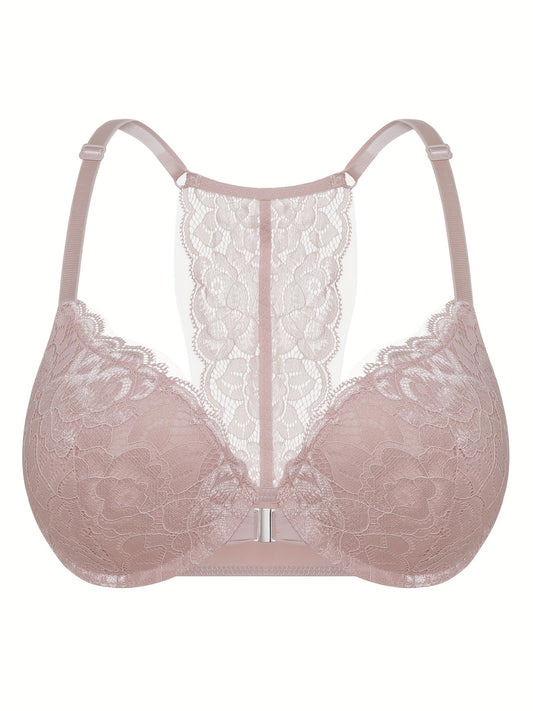 Front Closure Push Up Bras for Women, Comfortable Padded Lace T-Shirt Bra, Lace Racerback Push Up Bra, Ultra Soft and lightweight, Lightly Lined, Women's Lingerie, Underwire