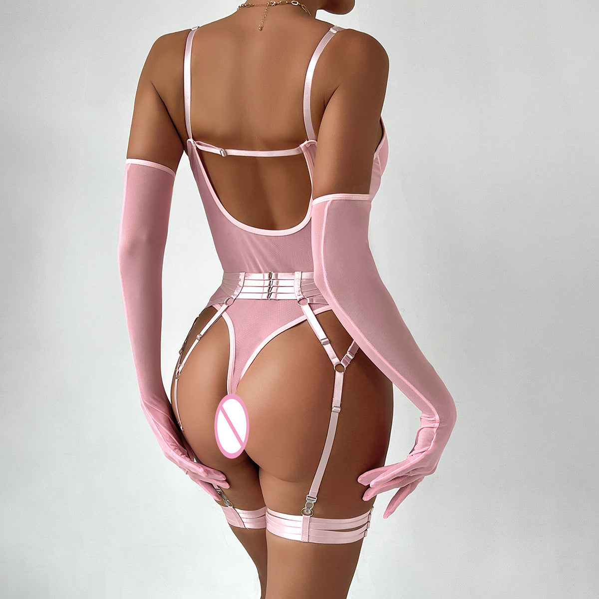 Sexy Sheer Mesh Bodysuit with Gloves and Bandage - Transparent Lingerie Set