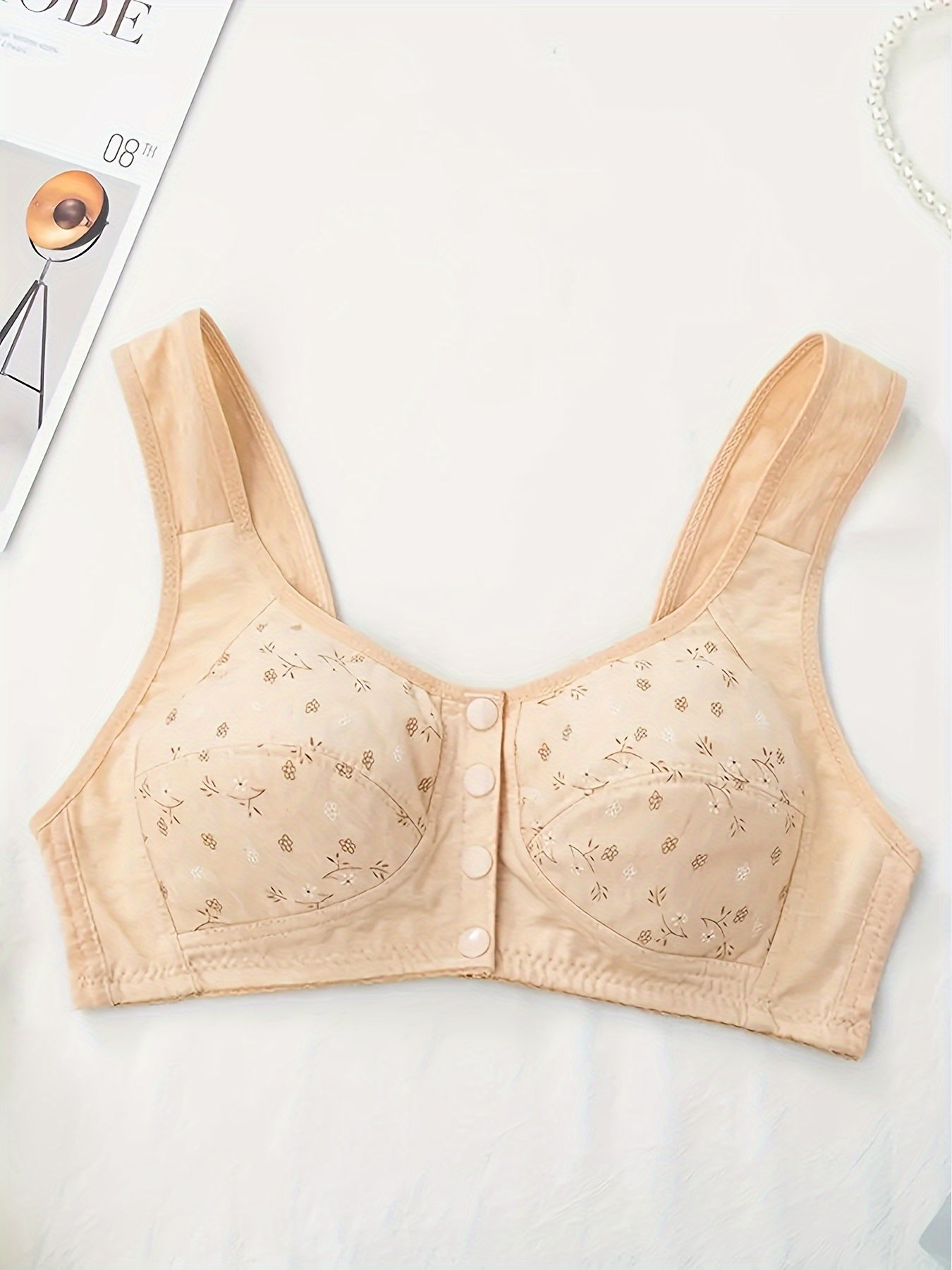 4pcs Floral Pattern Wireless Bras, Comfy & Breathable Button Front Intimates Bra, Women's Lingerie & Underwear