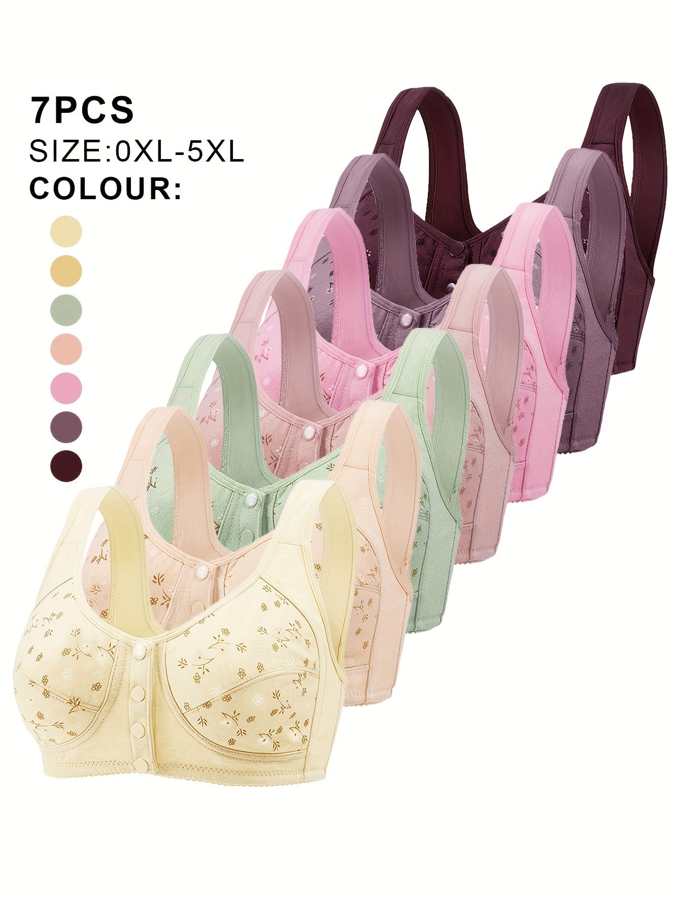 7pcs Set of Women'S Plus Size Non-Wired Bras, Solid Color, Simple Style, Slightly Elastic, No Bra Pads, Front Closure, Light And Breathable, Easy to Wear