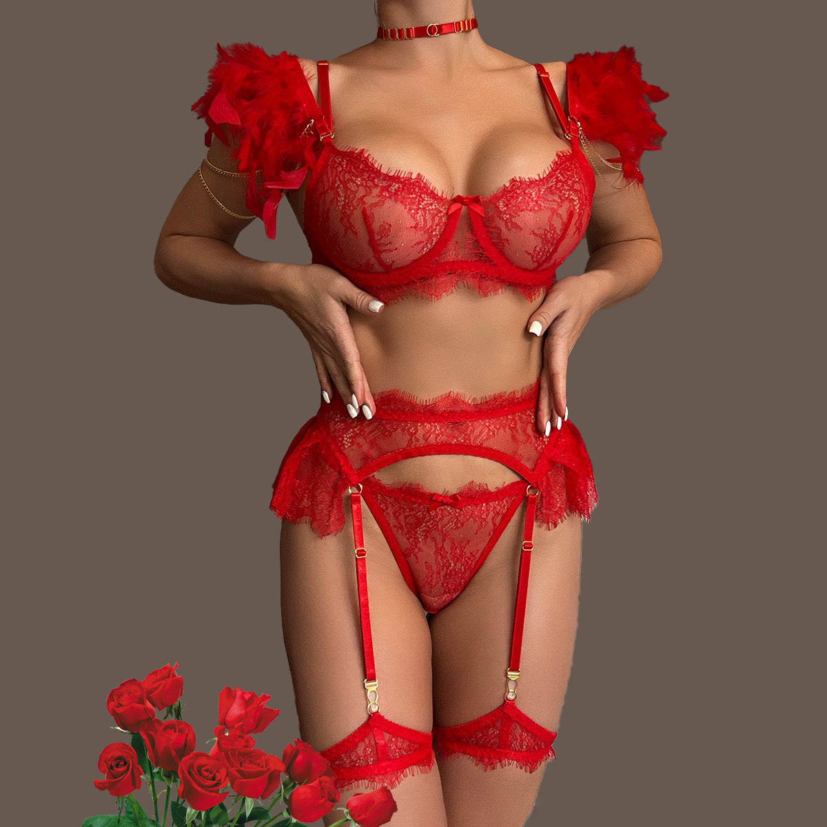 Lingerie Set Fashion Feather Splicing Removable Metal Chain Lace Trim Sexy Four-Piece Set