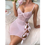 Sensual Transparent Lace Splicing Lingerie with Thong and Thin Sleepwear Bow Backless Skirt Set