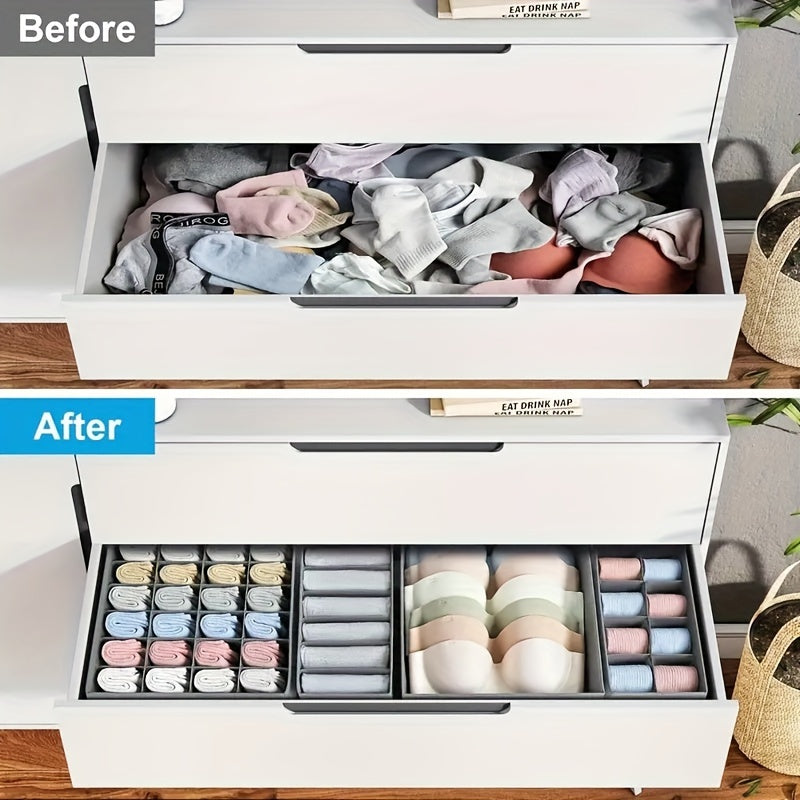 4pcs Underwear & Bras Organizer Storage Boxes - Foldable Drawer Dividers with Multi-Compartment for Socks, Ties, Belts, Scarves - Durable Plastic Closet Organizers, Space-Saving Design, Clothes Organizer Storage, Wardrobe Org