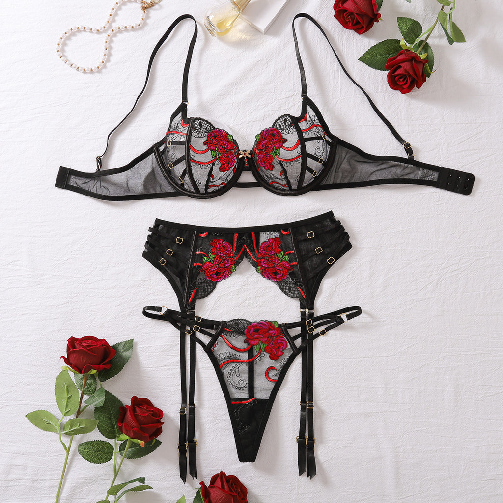 Embroidered sexy three-point style erotic lingerie gathering bra three piece set