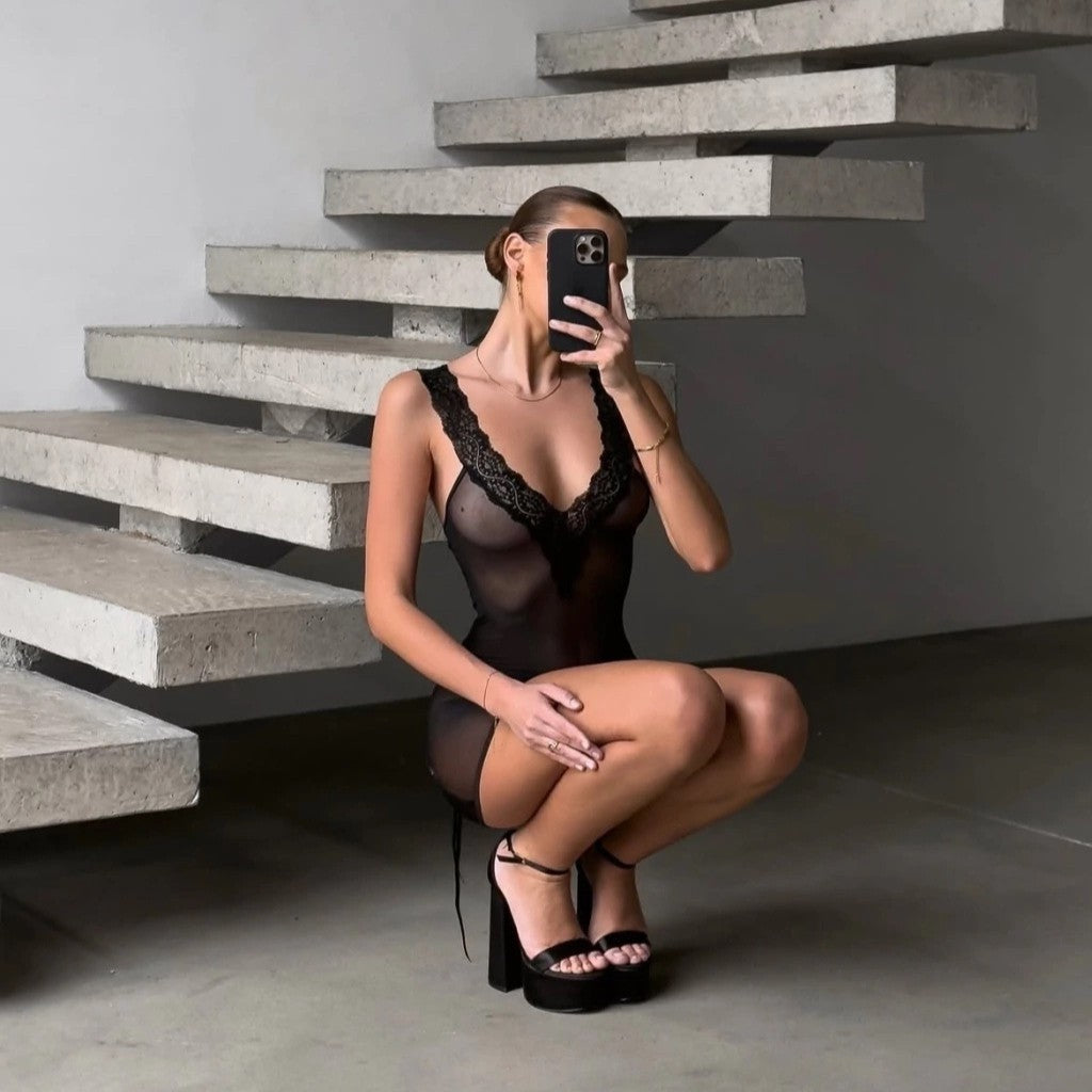 Sexy Lace Trim Nightdress Women Transparent Mesh Tie  Lingerie Two-Piece Set