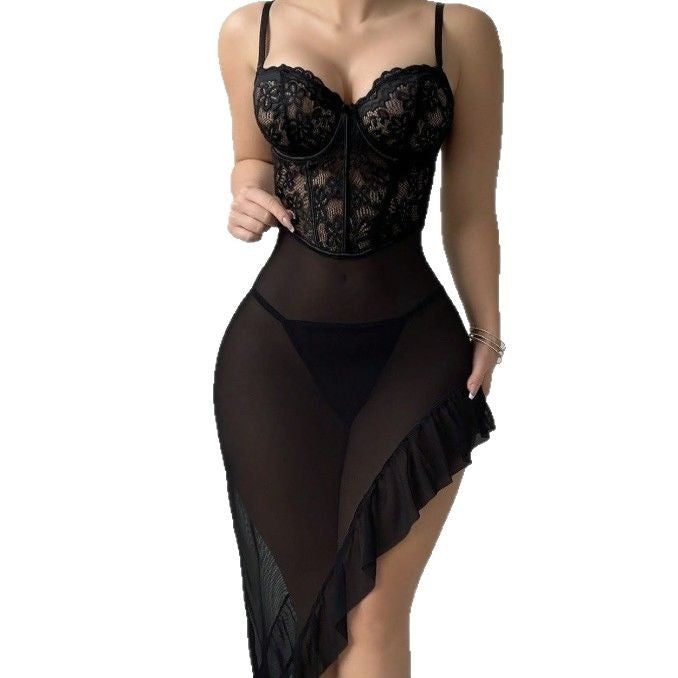 V-neck lace camisole black set erotic lingerie