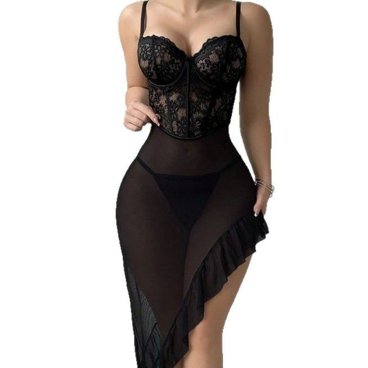 V-neck lace camisole black set erotic lingerie