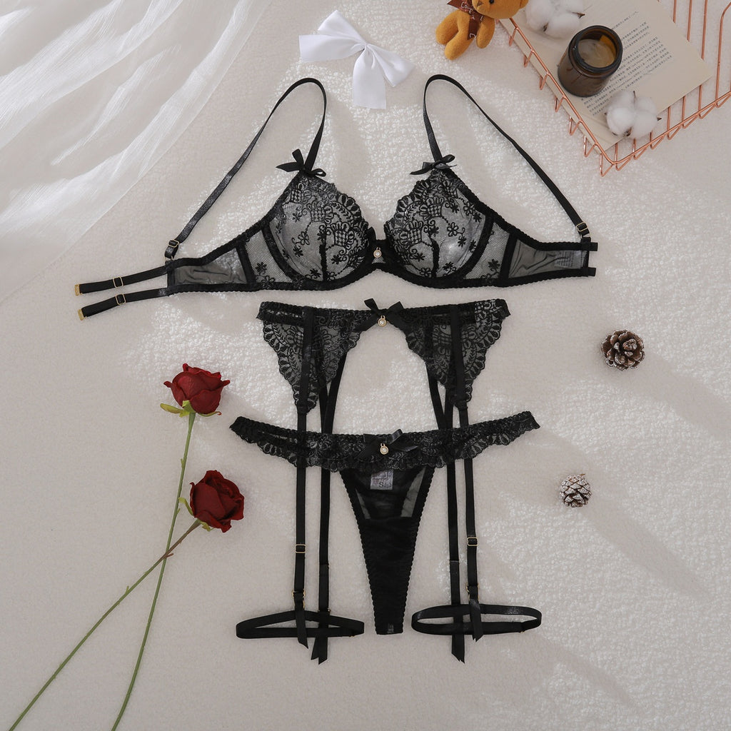 Black perspective embroidery sexy slim fit shaping lingerie split set